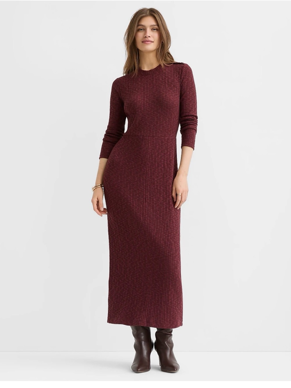 LOFT Ribbed Shoulder Button Midi Dress in Burgundy